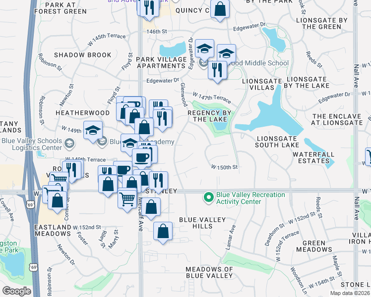 map of restaurants, bars, coffee shops, grocery stores, and more near 14918 Riggs Street in Overland Park