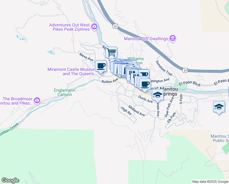 map of restaurants, bars, coffee shops, grocery stores, and more near 116 Manitou Place in Manitou Springs