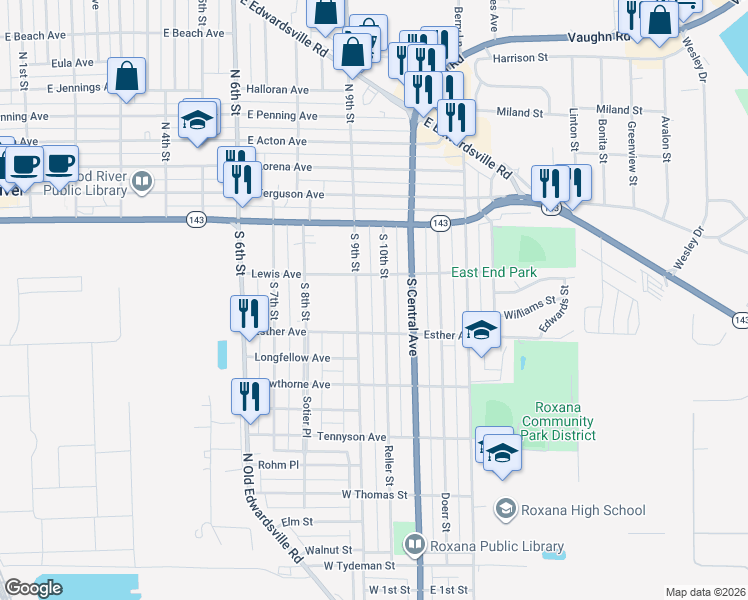 map of restaurants, bars, coffee shops, grocery stores, and more near 236 South 10th Street in Wood River