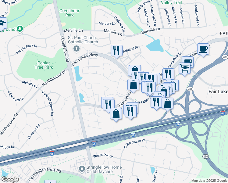 map of restaurants, bars, coffee shops, grocery stores, and more near 13085 Autumn Woods Way in Fairfax