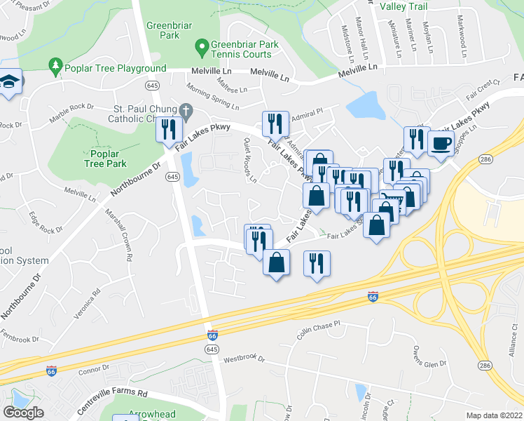 map of restaurants, bars, coffee shops, grocery stores, and more near 4413 Fair Stone Drive in Fairfax