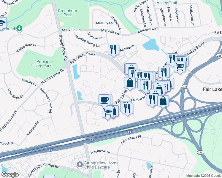 map of restaurants, bars, coffee shops, grocery stores, and more near 13085 Autumn Woods Way in Fairfax