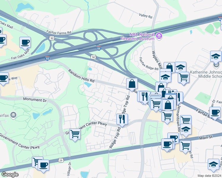 map of restaurants, bars, coffee shops, grocery stores, and more near 4084 Fountainside Lane in Fairfax