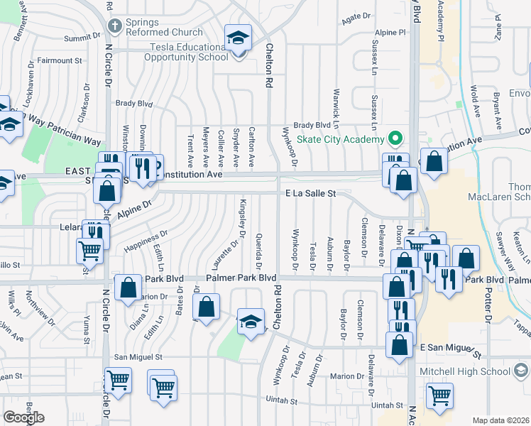 map of restaurants, bars, coffee shops, grocery stores, and more near 1715 Querida Drive in Colorado Springs
