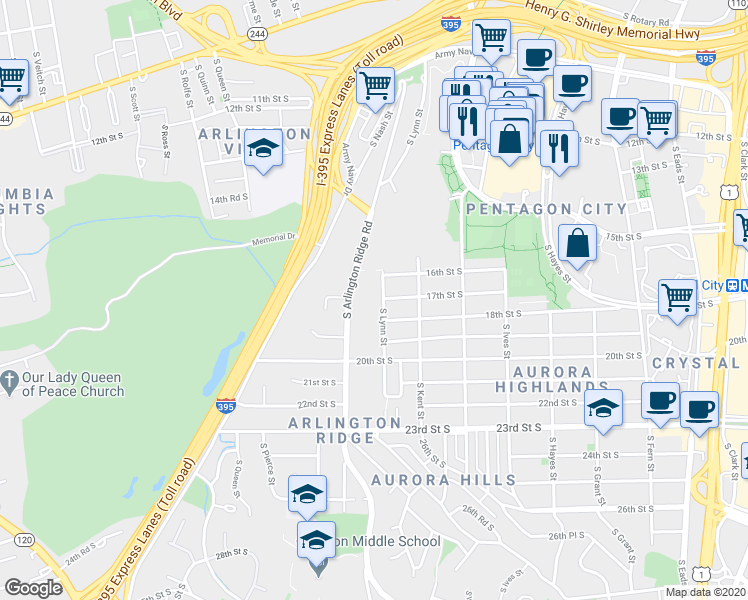 map of restaurants, bars, coffee shops, grocery stores, and more near 1700 S Lynn St in Arlington