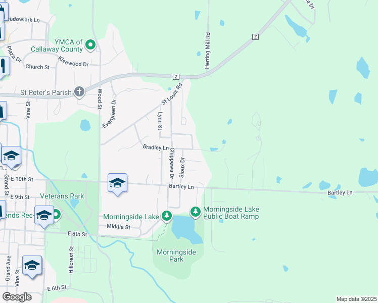 map of restaurants, bars, coffee shops, grocery stores, and more near 1302 Bradley Lane in Fulton