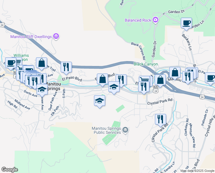 map of restaurants, bars, coffee shops, grocery stores, and more near Manitou Avenue in Manitou Springs