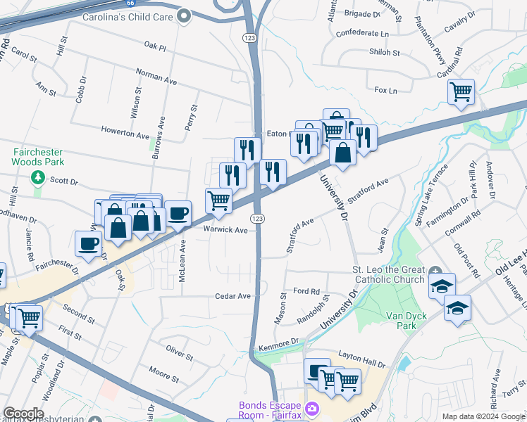 map of restaurants, bars, coffee shops, grocery stores, and more near 3605 Chain Bridge Road in Fairfax