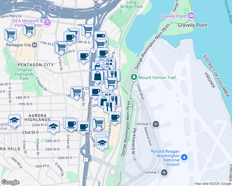 map of restaurants, bars, coffee shops, grocery stores, and more near 1801 Crystal Drive in Arlington