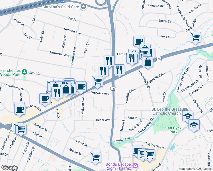 map of restaurants, bars, coffee shops, grocery stores, and more near 10535 U.S. 29 in Fairfax