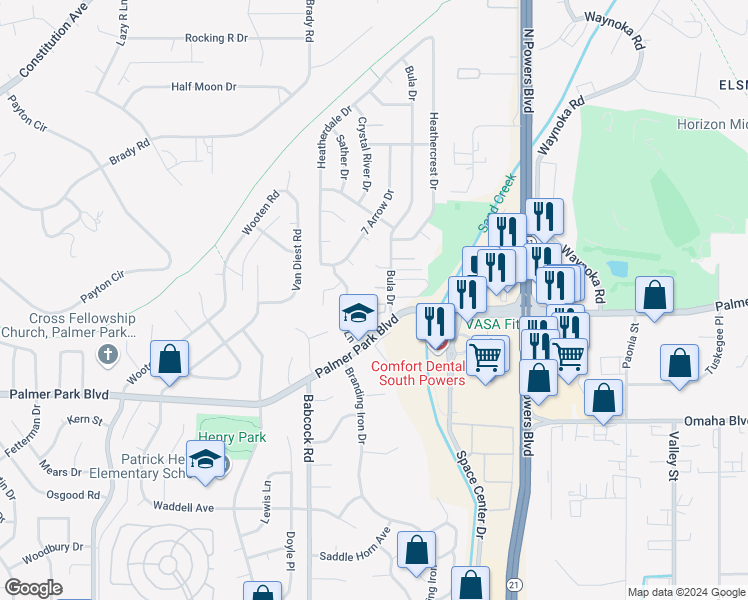 map of restaurants, bars, coffee shops, grocery stores, and more near 5502 Timeless View in Colorado Springs