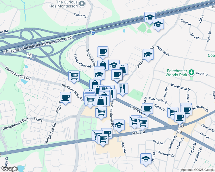 map of restaurants, bars, coffee shops, grocery stores, and more near 11220 Lee Jackson Memorial Highway in Fairfax