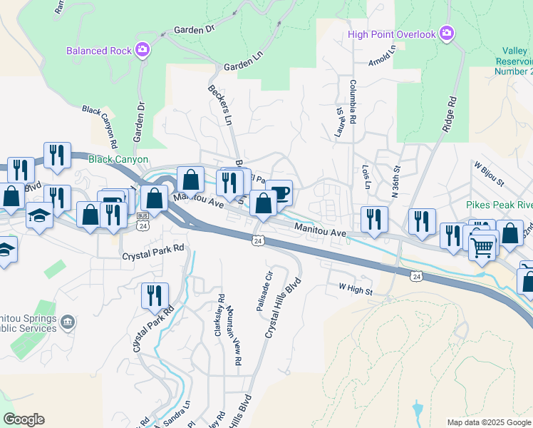 map of restaurants, bars, coffee shops, grocery stores, and more near 38 Manitou Avenue in Manitou Springs