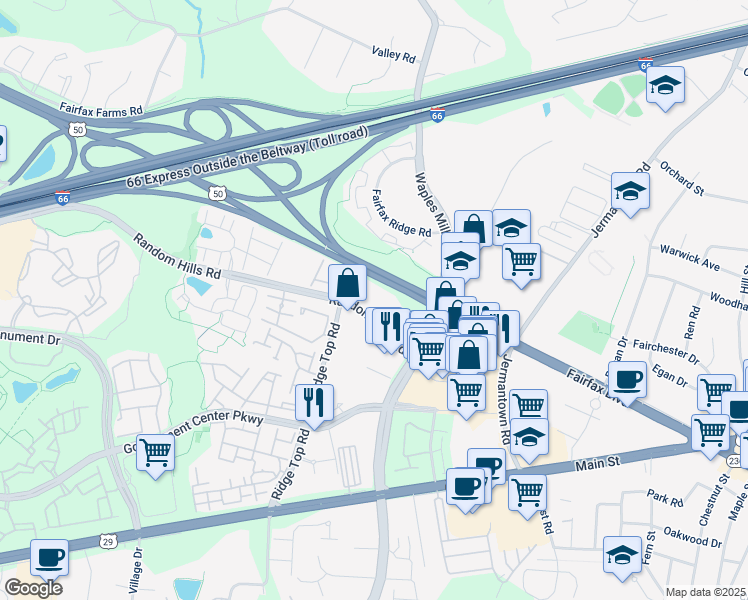 map of restaurants, bars, coffee shops, grocery stores, and more near 11350 Random Hills Road in Fairfax