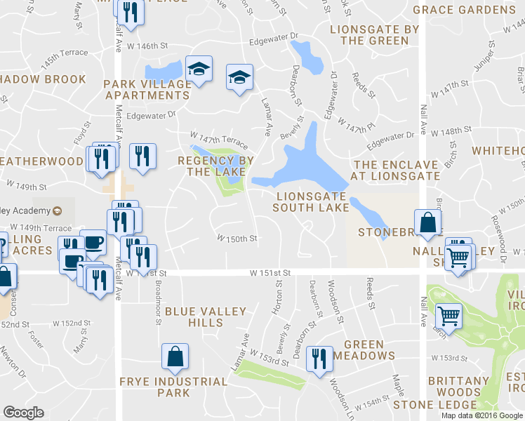 map of restaurants, bars, coffee shops, grocery stores, and more near 14907 Horton Street in Overland Park