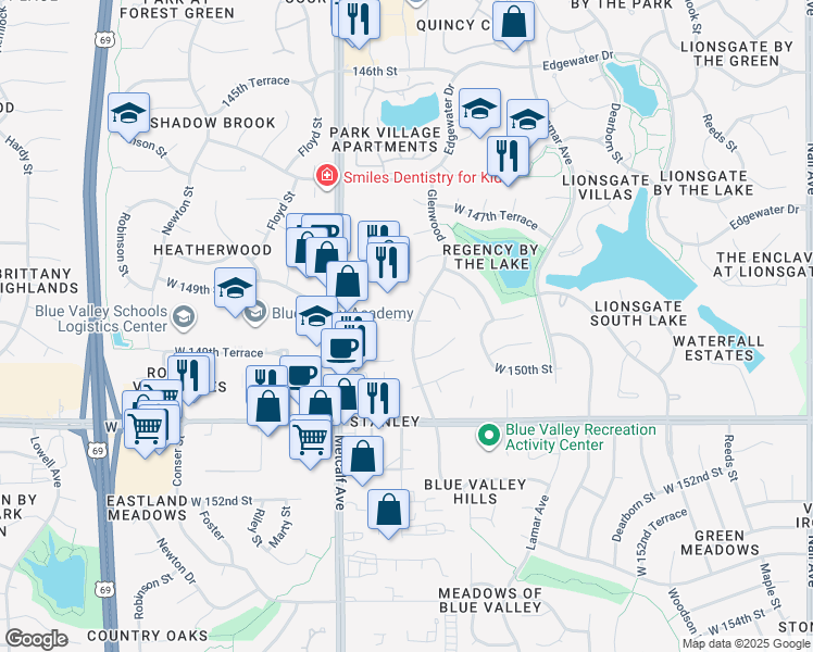 map of restaurants, bars, coffee shops, grocery stores, and more near 6701 West 149th Terrace in Overland Park