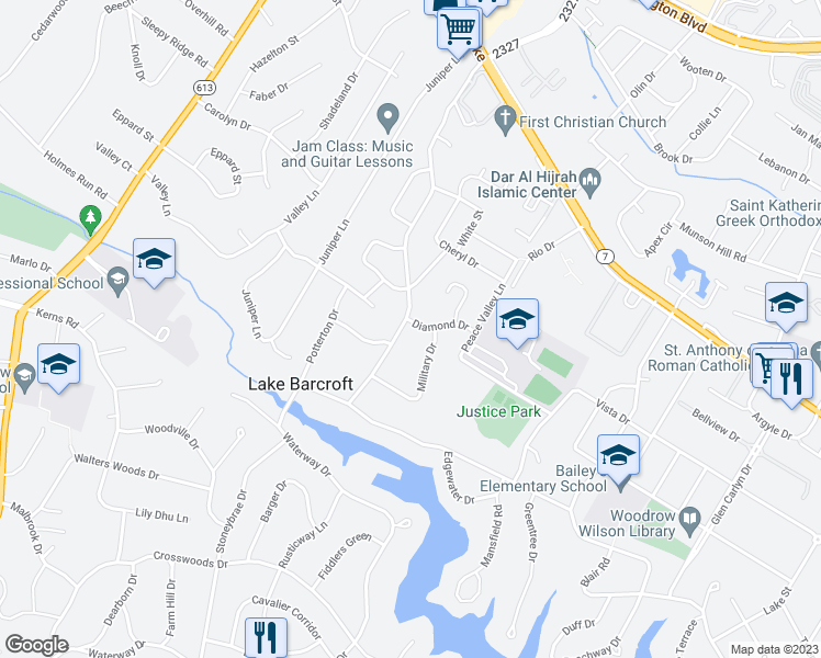 map of restaurants, bars, coffee shops, grocery stores, and more near 6253 Diamond Drive in Falls Church