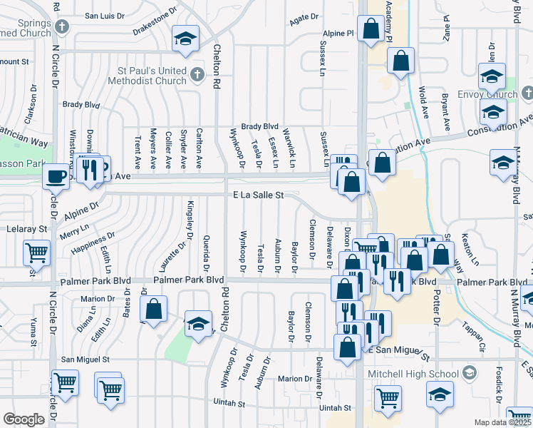 map of restaurants, bars, coffee shops, grocery stores, and more near 1715 Tesla Drive in Colorado Springs