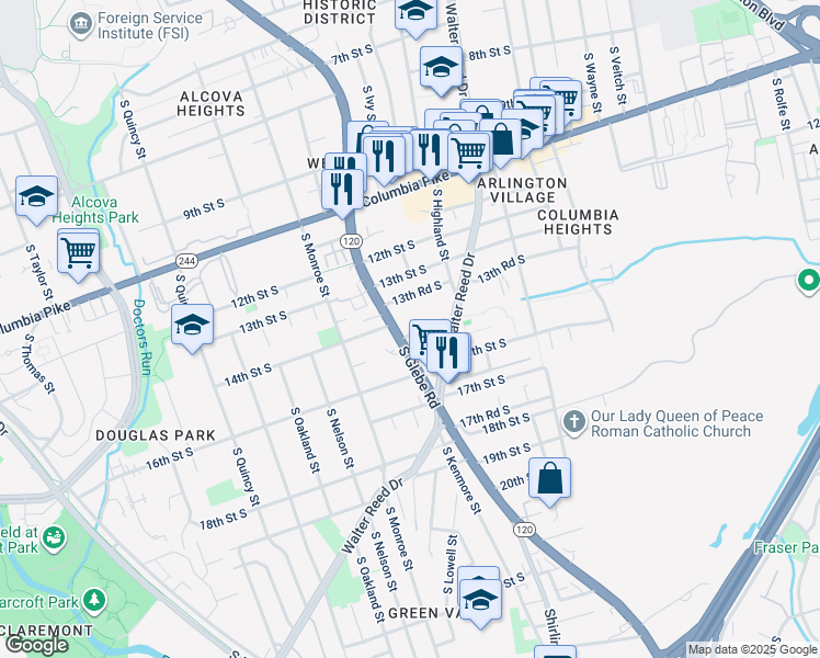 map of restaurants, bars, coffee shops, grocery stores, and more near 1333 South Glebe Road in Arlington