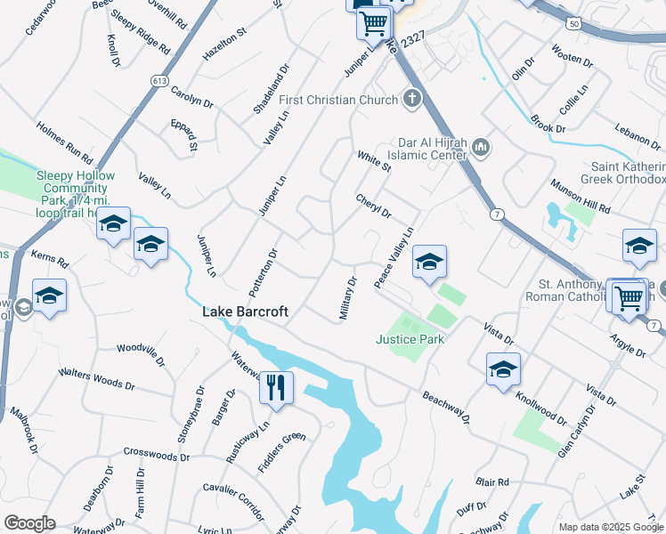 map of restaurants, bars, coffee shops, grocery stores, and more near 6253 Diamond Drive in Falls Church