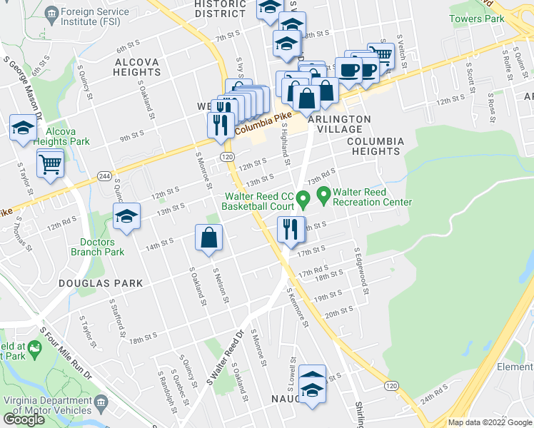 map of restaurants, bars, coffee shops, grocery stores, and more near 1333 South Glebe Road in Arlington