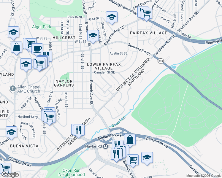 map of restaurants, bars, coffee shops, grocery stores, and more near 3407 Highview Terrace Southeast in Washington