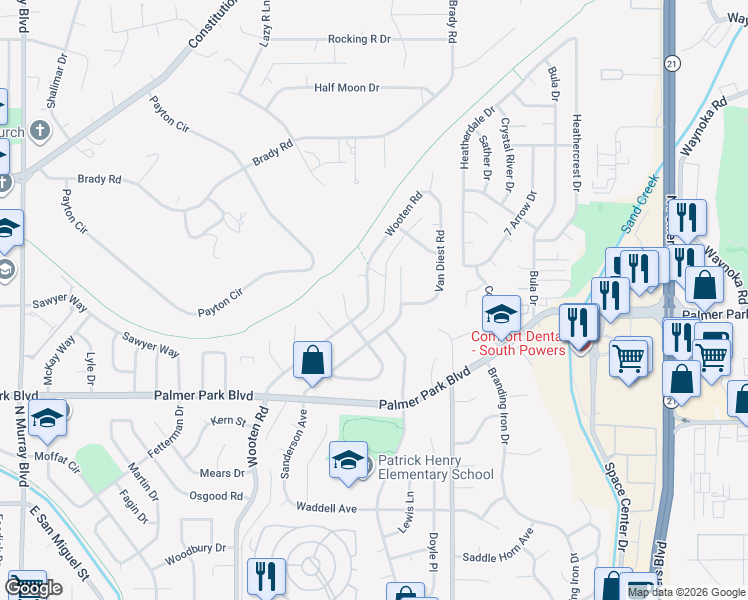 map of restaurants, bars, coffee shops, grocery stores, and more near 1723 Wooten Road in Colorado Springs