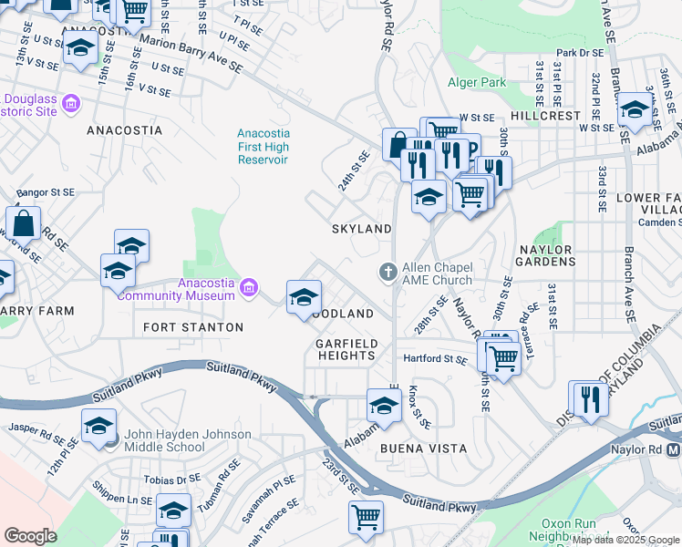 map of restaurants, bars, coffee shops, grocery stores, and more near 2320 Ainger Place Southeast in Washington