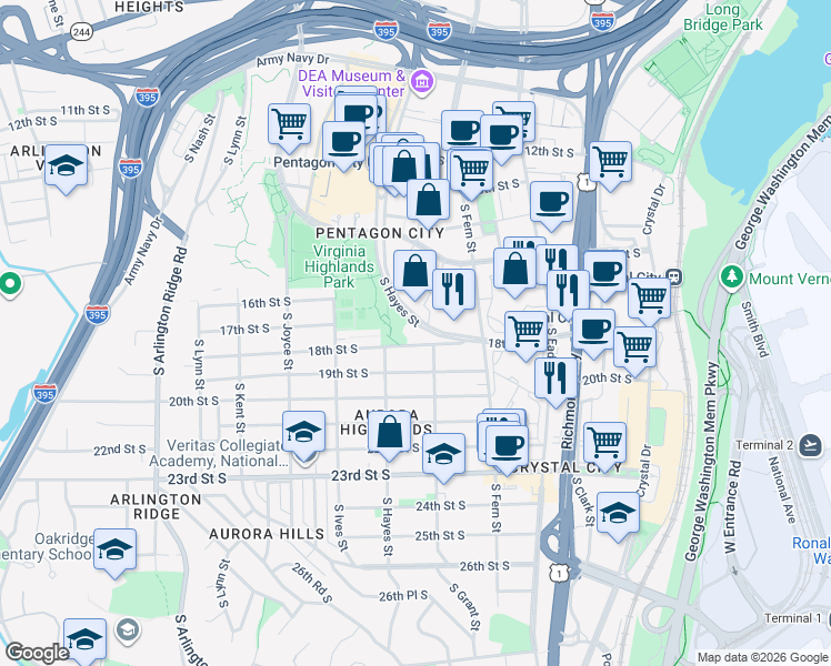 map of restaurants, bars, coffee shops, grocery stores, and more near 1750 South Hayes Street in Arlington