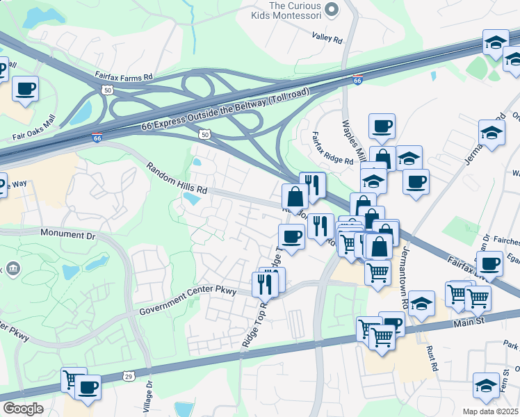 map of restaurants, bars, coffee shops, grocery stores, and more near 4071 Fountainside Lane in Fairfax