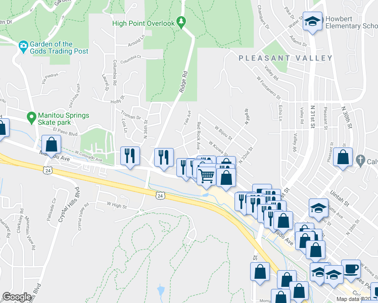 map of restaurants, bars, coffee shops, grocery stores, and more near 3342 West Pikes Peak Avenue in Colorado Springs