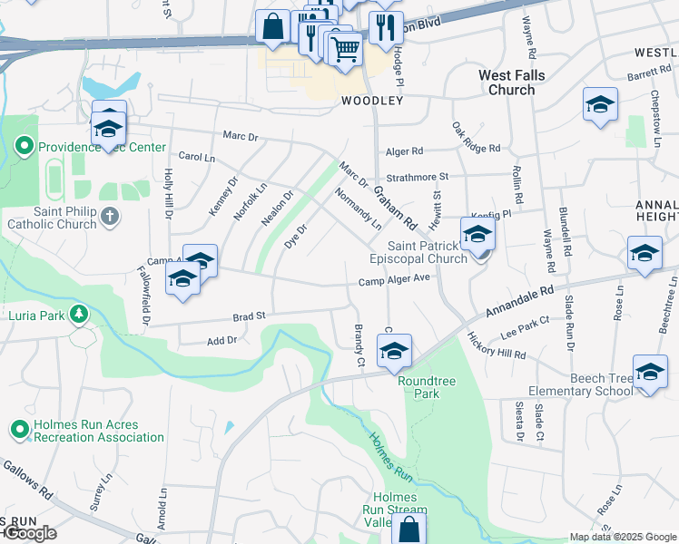 map of restaurants, bars, coffee shops, grocery stores, and more near 3254 Brandy Court in Falls Church