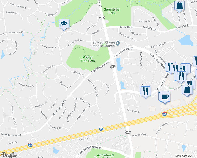 map of restaurants, bars, coffee shops, grocery stores, and more near 4711 Cochran Place in Centreville