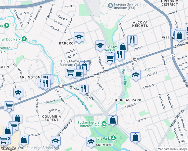 map of restaurants, bars, coffee shops, grocery stores, and more near 4350 Columbia Pike in Arlington