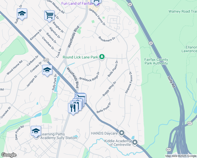 map of restaurants, bars, coffee shops, grocery stores, and more near 5428 Braddock Ridge Drive in Centreville
