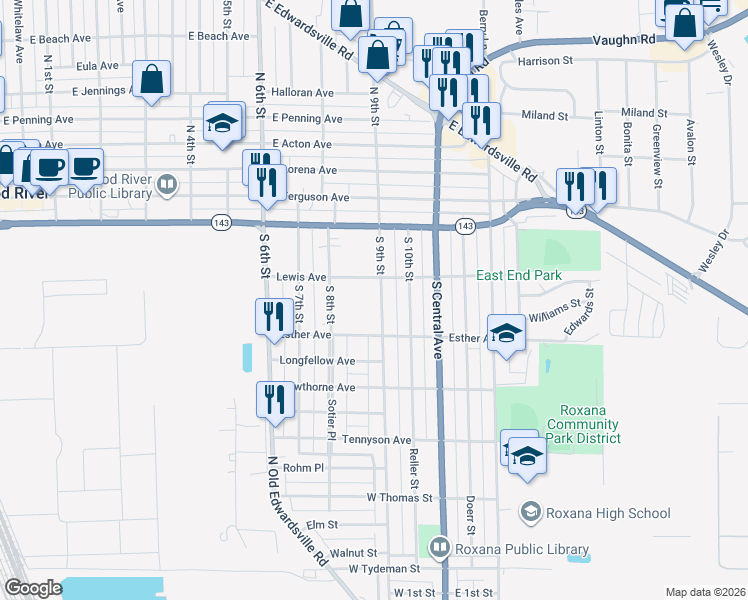 map of restaurants, bars, coffee shops, grocery stores, and more near 232 South 9th Street in Wood River