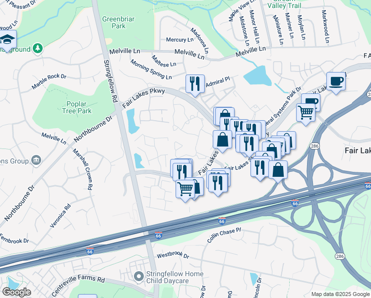 map of restaurants, bars, coffee shops, grocery stores, and more near 4413 Fair Stone Drive in Fairfax