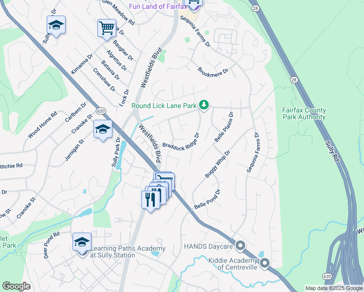 map of restaurants, bars, coffee shops, grocery stores, and more near 5437 Braddock Ridge Drive in Centreville
