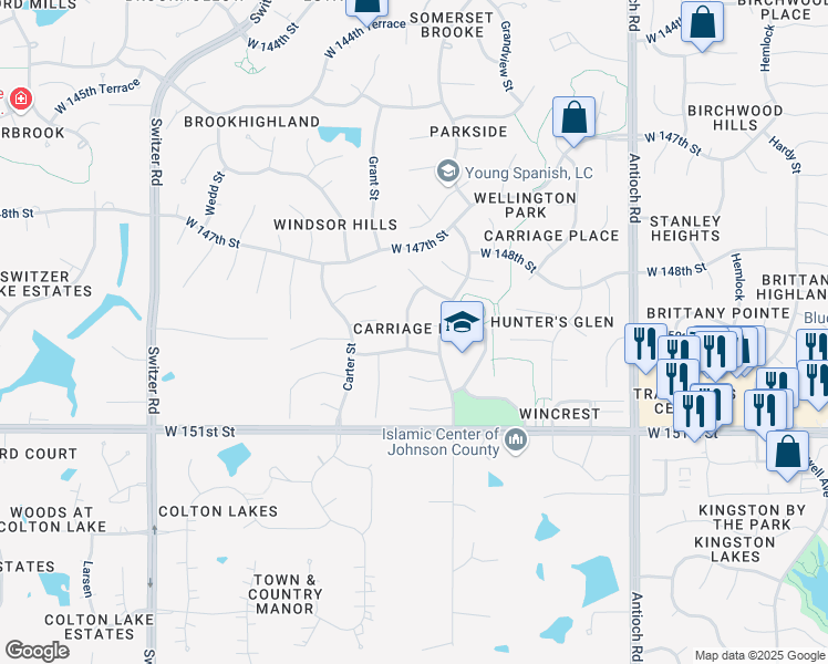 map of restaurants, bars, coffee shops, grocery stores, and more near 14905 Hayes Street in Overland Park