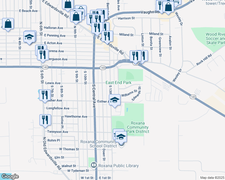 map of restaurants, bars, coffee shops, grocery stores, and more near 239 South 13th Street in Wood River