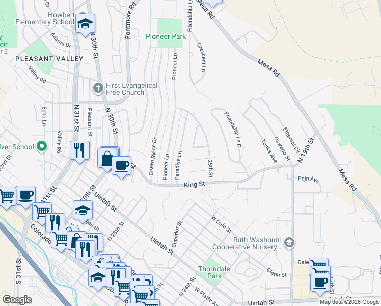 map of restaurants, bars, coffee shops, grocery stores, and more near 641 Paradise Lane in Colorado Springs