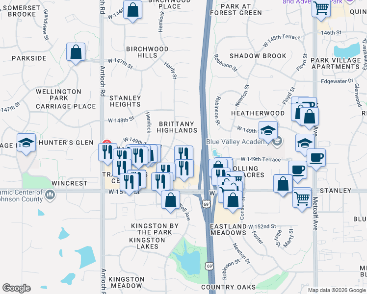 map of restaurants, bars, coffee shops, grocery stores, and more near 14909 Hardy Street in Overland Park