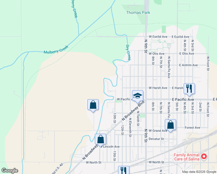 map of restaurants, bars, coffee shops, grocery stores, and more near 917 13th Street in Salina