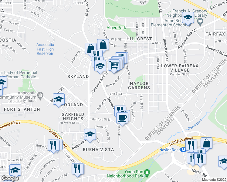 map of restaurants, bars, coffee shops, grocery stores, and more near 2808 Erie Street Southeast in Washington