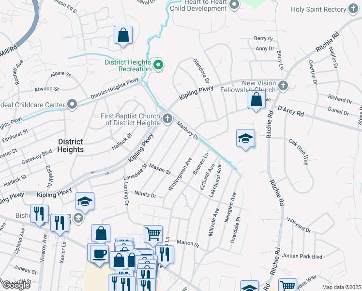 map of restaurants, bars, coffee shops, grocery stores, and more near 2311 Roslyn Avenue in District Heights