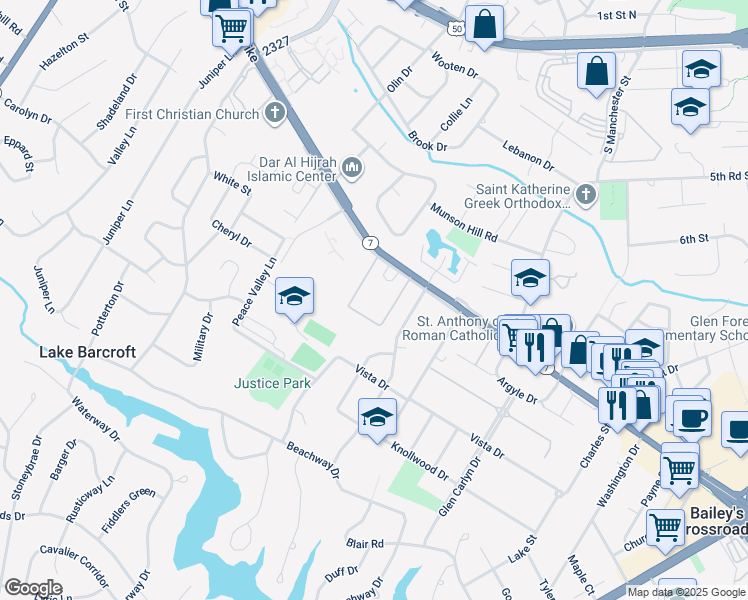 map of restaurants, bars, coffee shops, grocery stores, and more near 6129 Leesburg Pike in Falls Church