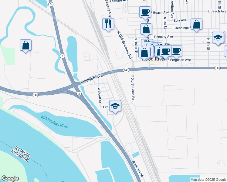 map of restaurants, bars, coffee shops, grocery stores, and more near 209 South Main Street in Wood River