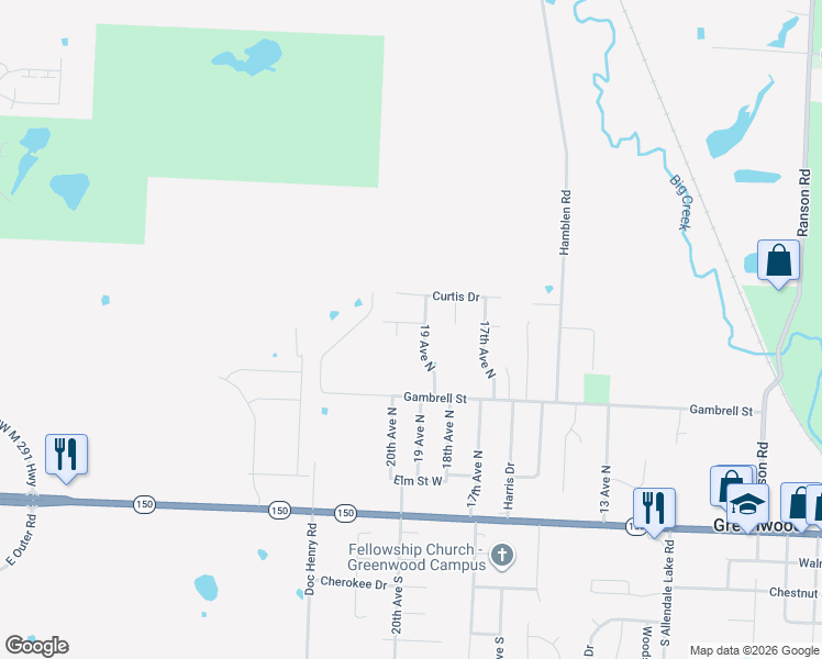 map of restaurants, bars, coffee shops, grocery stores, and more near 1903 Kimberly Lane in Greenwood