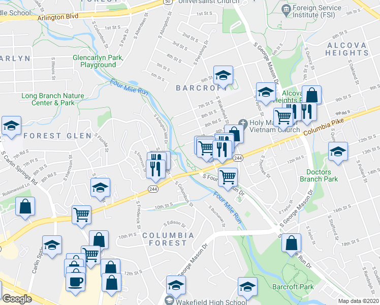 map of restaurants, bars, coffee shops, grocery stores, and more near 924 South Buchanan Street in Arlington