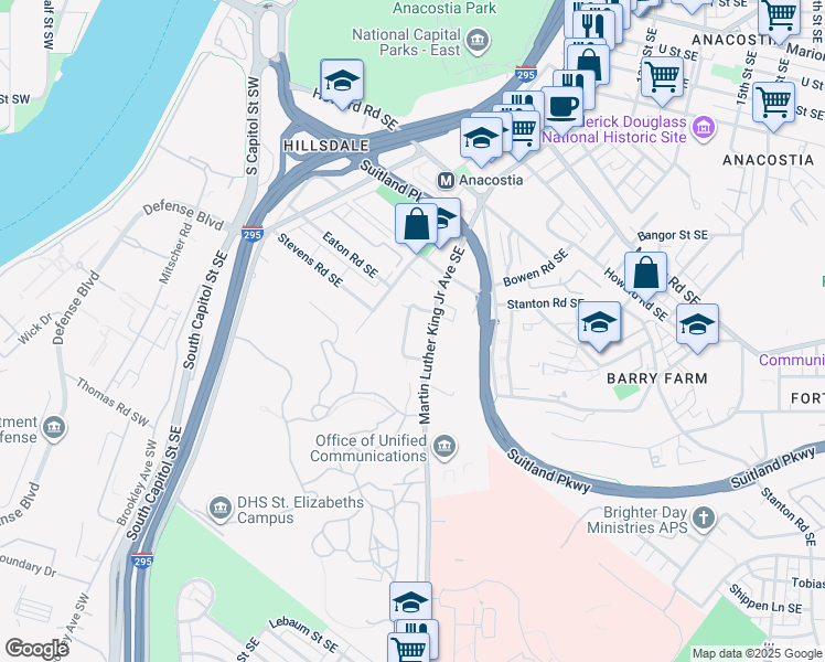 map of restaurants, bars, coffee shops, grocery stores, and more near 2642 Birney Place Southeast in Washington